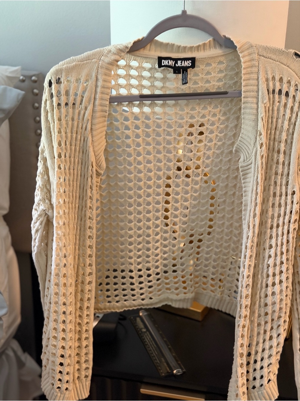 DKNY Open-Weave Cream Crochet Cardigan